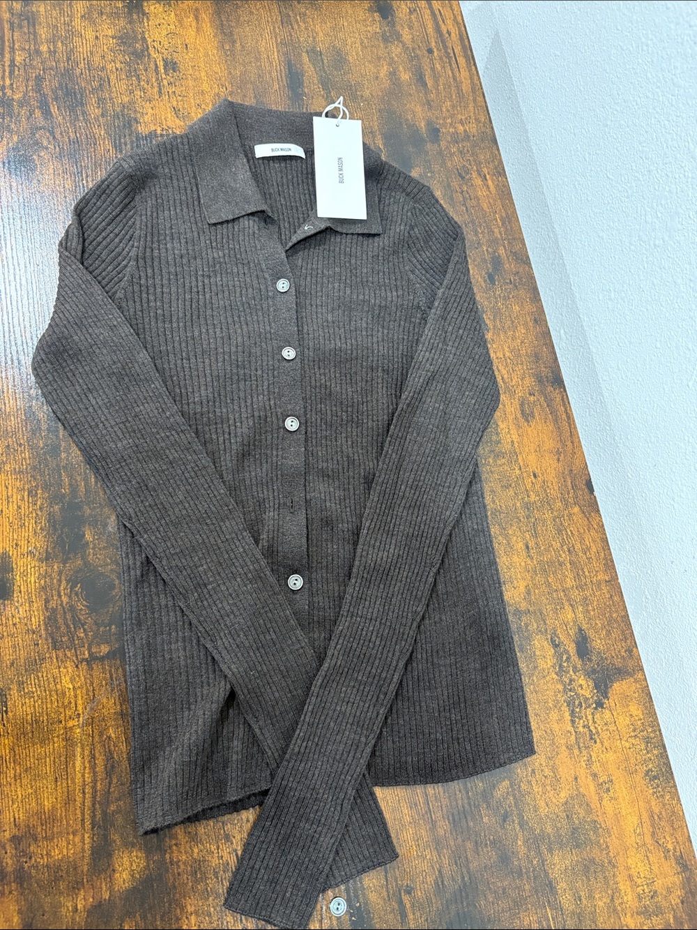 Buck Mason Spiced Molasses Wool Silk Cashmere Ribbed Cardigan XS NWT $228